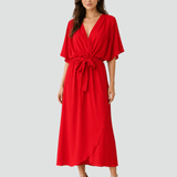 Abito midi elegante con scollo incrociato e cintura