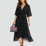 Abito midi elegante con scollo incrociato e cintura